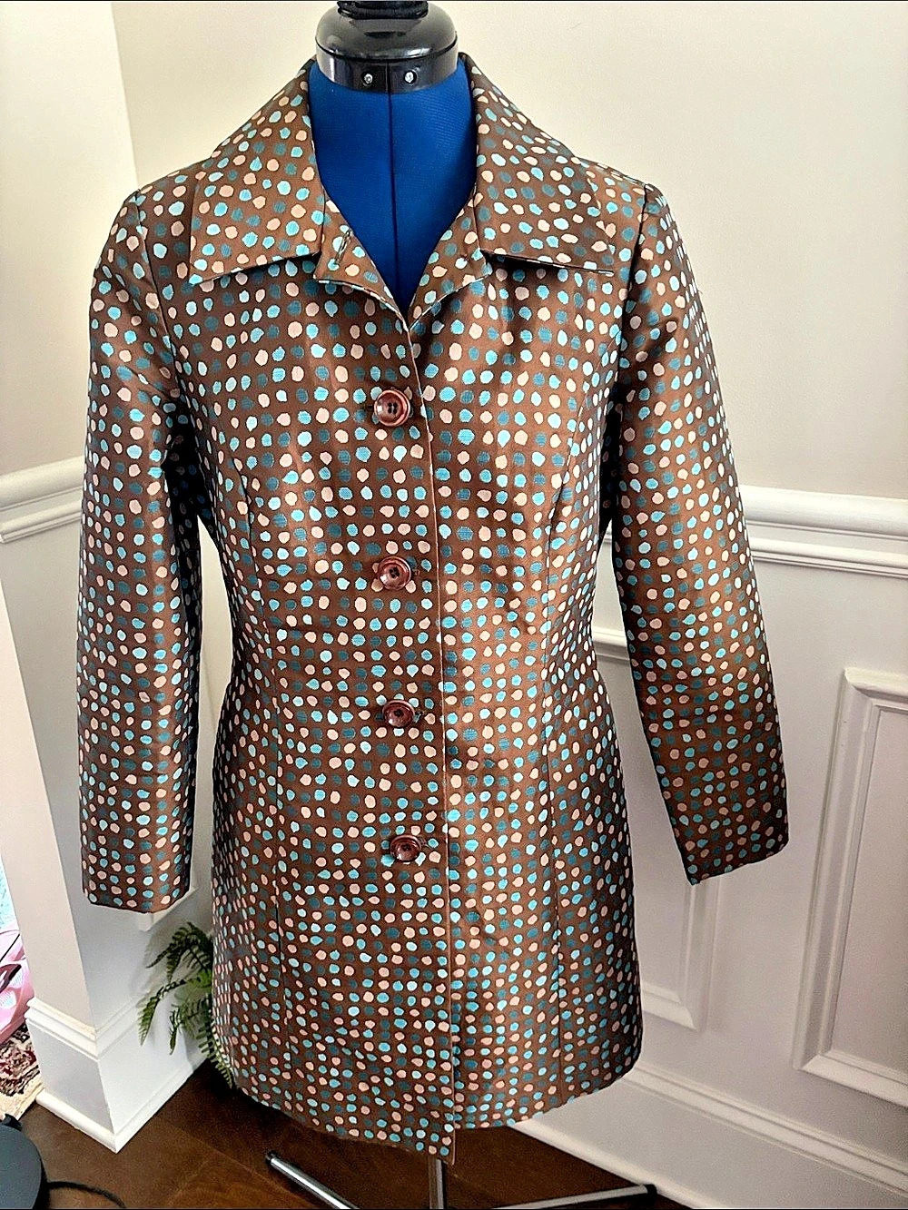 bentley a. Polka Dot Trench Coat in Brown & turquoise Like New